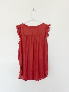 LOFT Burnt Red Ruffle Blouse Flutter Tank Top Cap Sleeve Silky Terra Cotta Brick